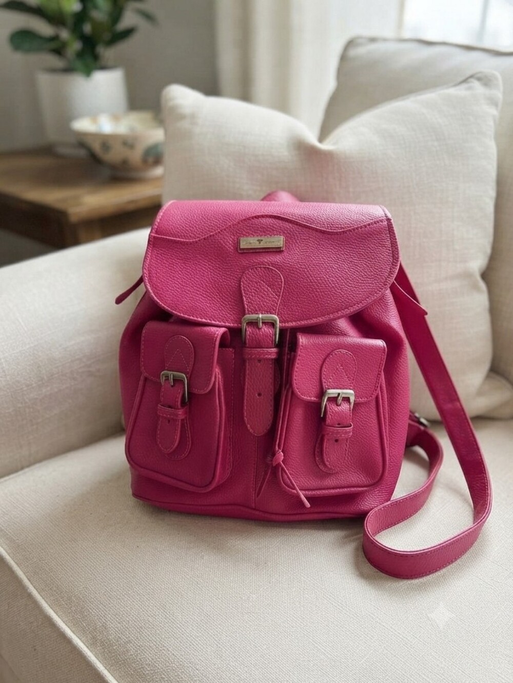 Convertible Backpack Fucsia with Tri Fold Leather Wallet Combo